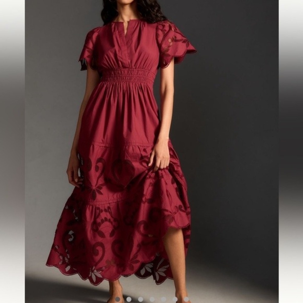 Anthropologie Women Cotton Somerset Cutwork Maxi Dress M Burgundy Smocked Boho